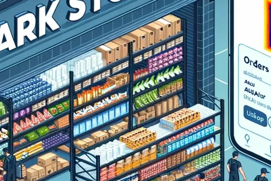 A picture of an Aldi Süd store with an eye-catching sign advertising “Mein Aldi delivery service.”