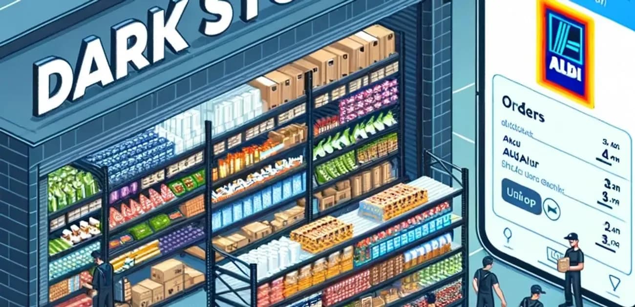 A picture of an Aldi Süd store with an eye-catching sign advertising “Mein Aldi delivery service.”