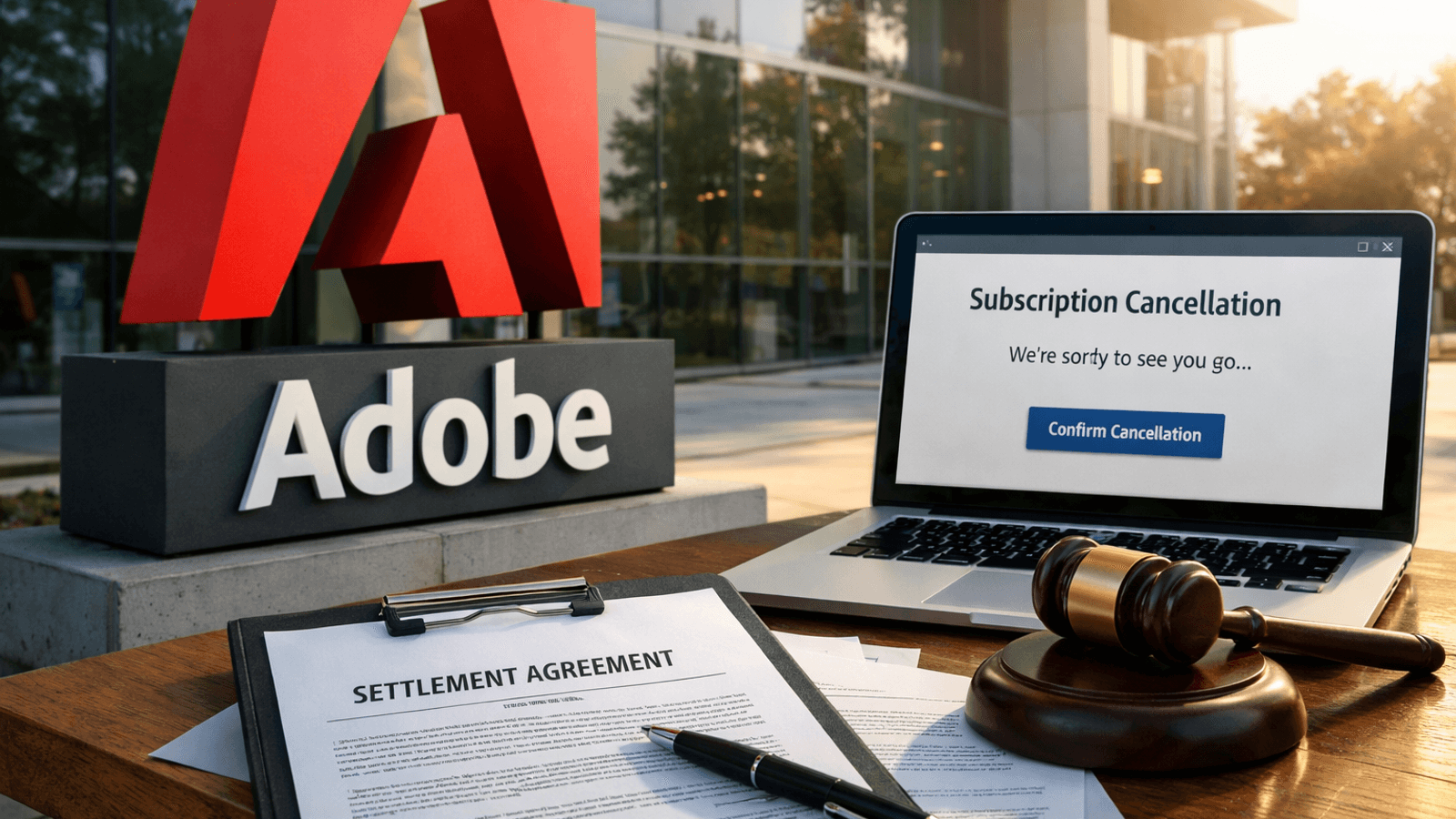 dobe logo outside a glass office building beside a laptop showing a subscription cancellation page, with a settlement document and judge’s gavel in the foreground
