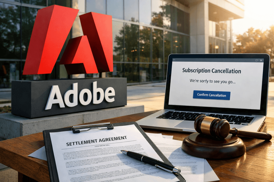 dobe logo outside a glass office building beside a laptop showing a subscription cancellation page, with a settlement document and judge’s gavel in the foreground