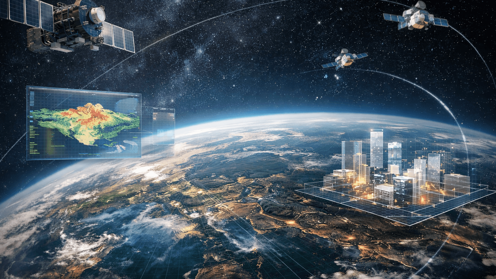 Stylized view of Earth from orbit with satellites and floating data overlays showing terrain mapping and urban analysis.