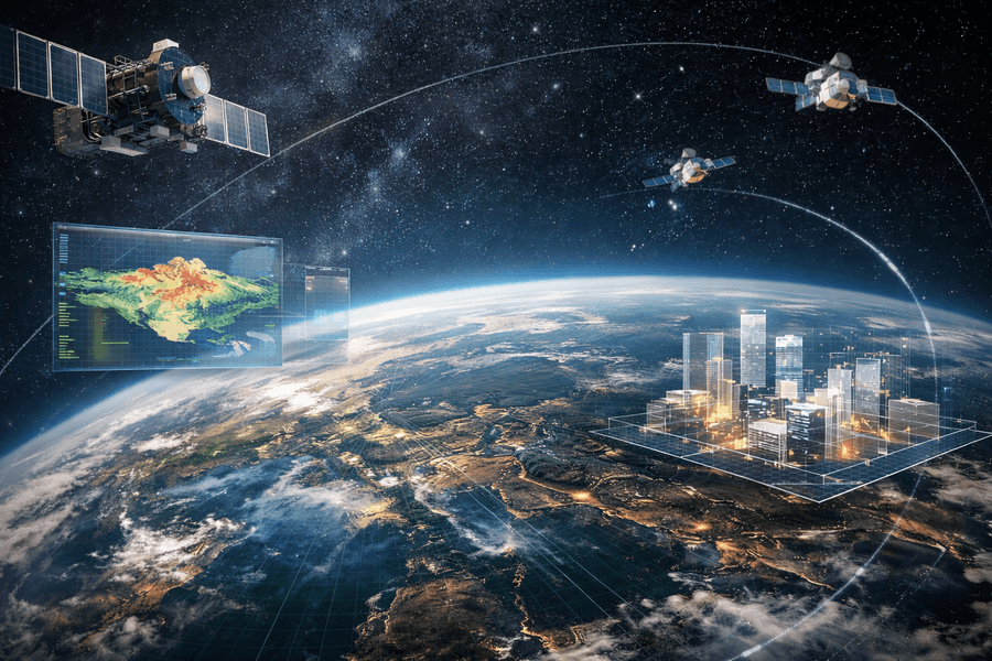 Stylized view of Earth from orbit with satellites and floating data overlays showing terrain mapping and urban analysis.