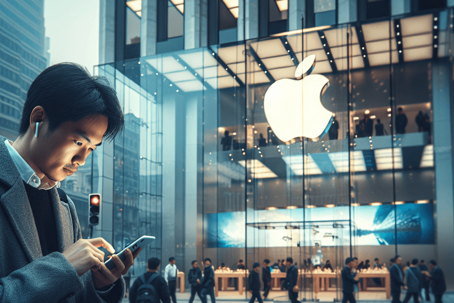 Customer checking a smartphone outside an Apple Store in Shanghai.