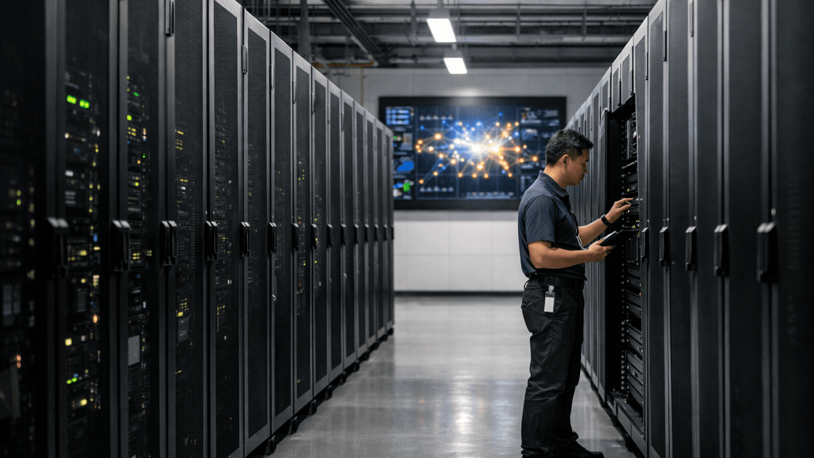 Rows of black server racks fill a modern data center as a large digital display shows AI processing activity.