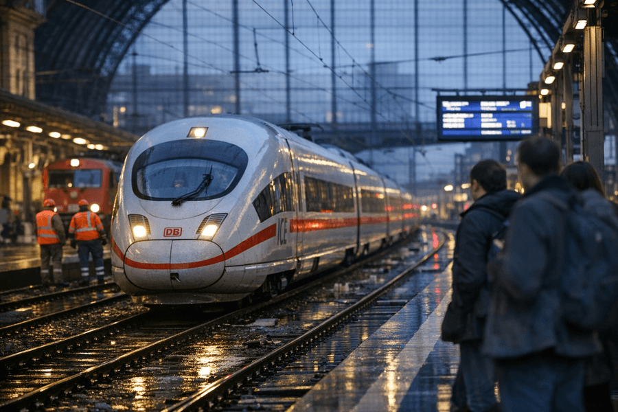 A Deutsche Bahn ICE train arrives at a major German station on a wet evening while passengers wait on the platform and railway staff stand nearby.