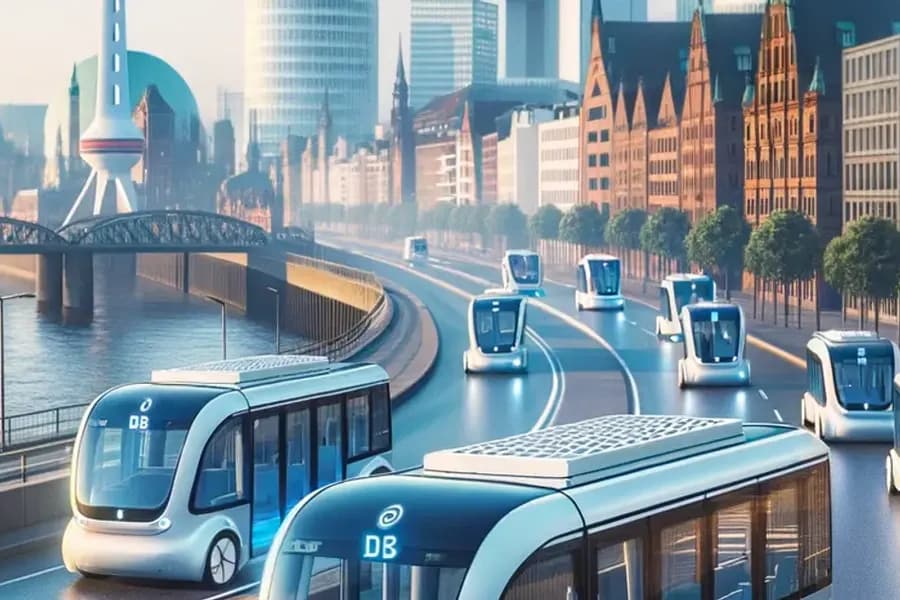 Ein modernes Stadtbild von Hamburg mit autonomen Shuttle-Bussen, die auf den Straßen fahren und die Zukunft des städtischen Verkehrs zeigen.