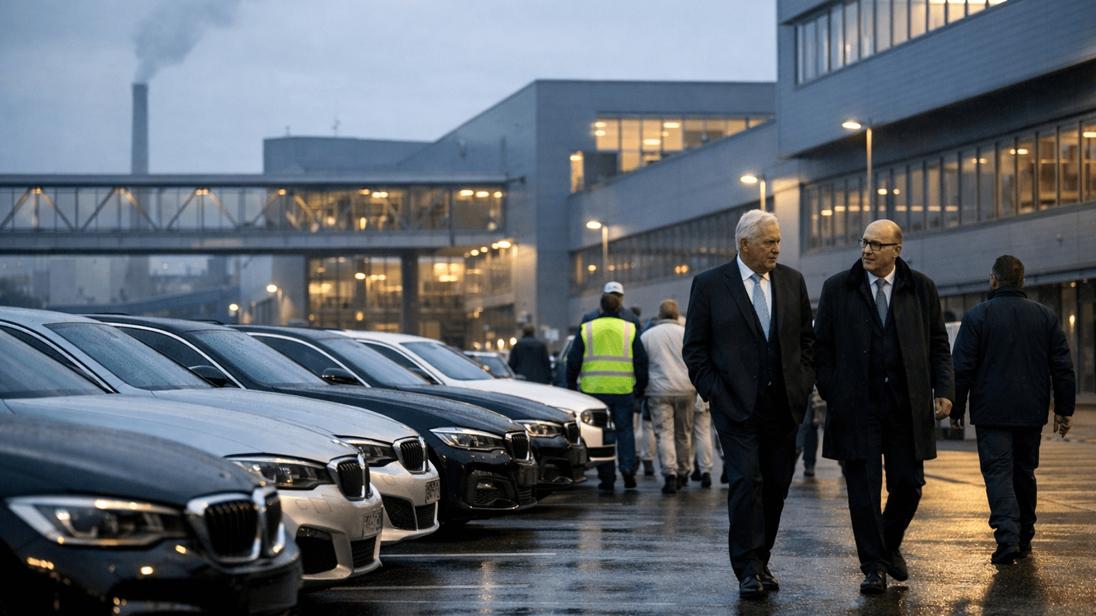 Senior executives and workers walk past a row of premium cars outside a modern German auto plant on a grey morning.