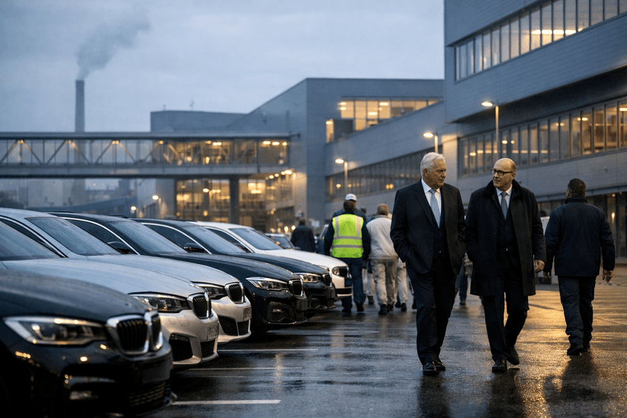 Senior executives and workers walk past a row of premium cars outside a modern German auto plant on a grey morning.