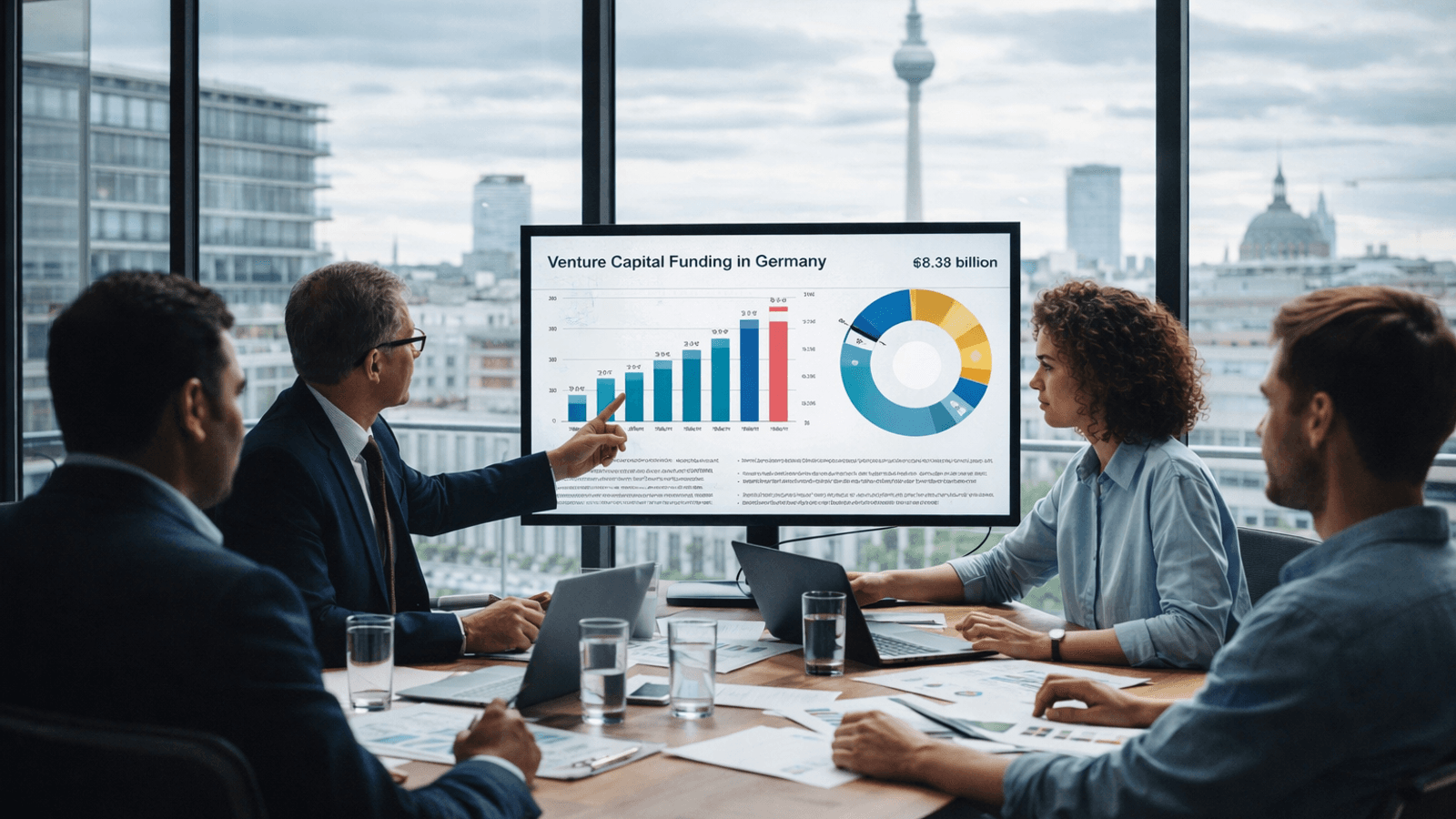Startup founders and investors review German venture capital data during a meeting in a Berlin conference room overlooking the city skyline.