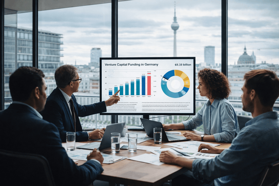 Startup founders and investors review German venture capital data during a meeting in a Berlin conference room overlooking the city skyline.