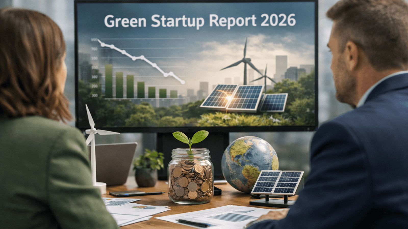 Editorial-style image of two professionals reviewing Green Startup Report 2026 findings on a large screen in a modern office, with renewable energy imagery and a downward trend chart.