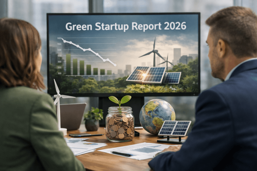 Editorial-style image of two professionals reviewing Green Startup Report 2026 findings on a large screen in a modern office, with renewable energy imagery and a downward trend chart.