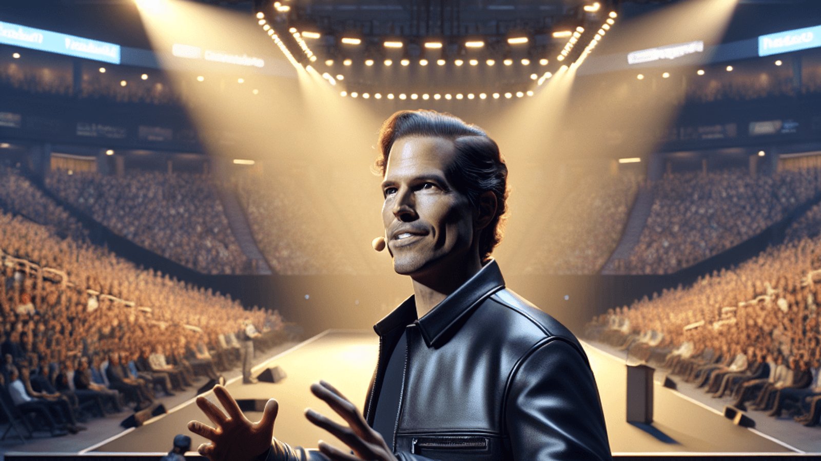 Nvidia CEO Jensen Huang gestures onstage in a packed arena during GTC.