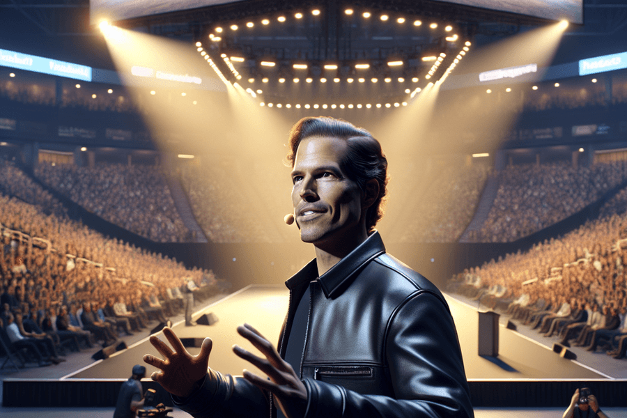 Nvidia CEO Jensen Huang gestures onstage in a packed arena during GTC.