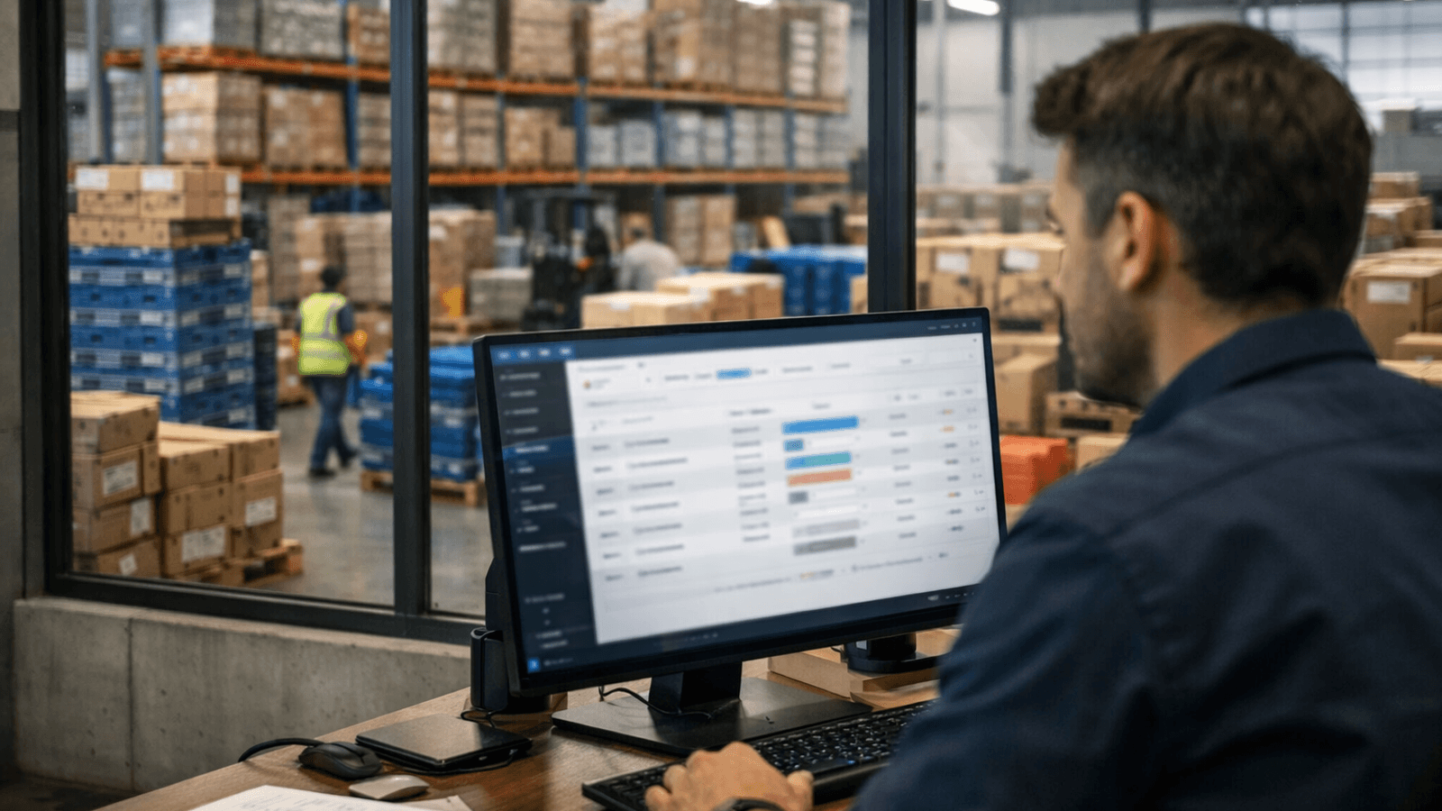 Warehouse operations manager reviewing load-carrier software on a desktop screen overlooking a busy distribution center