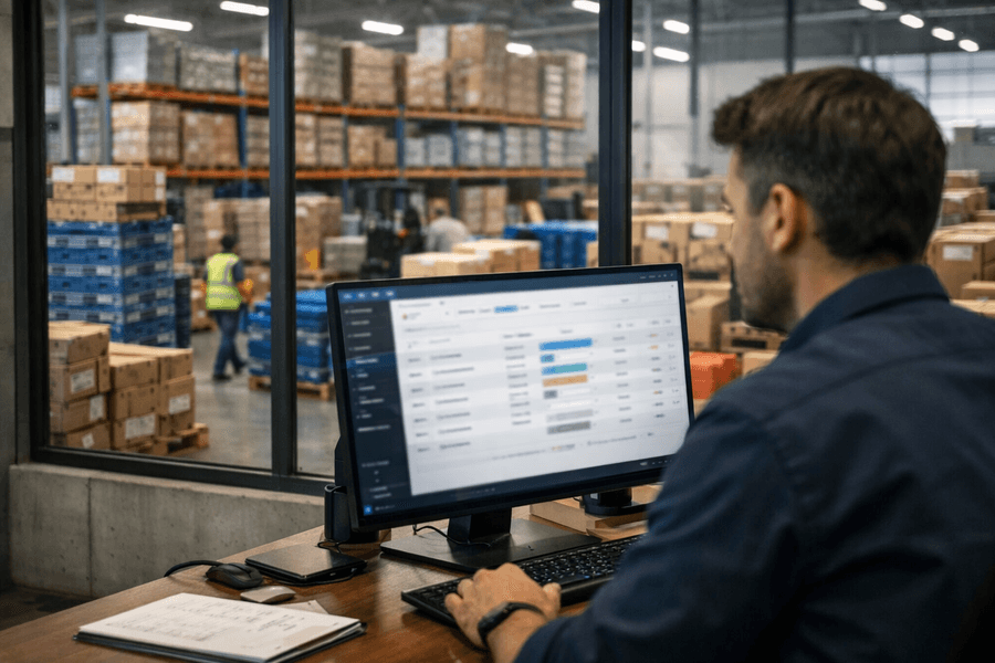 Warehouse operations manager reviewing load-carrier software on a desktop screen overlooking a busy distribution center