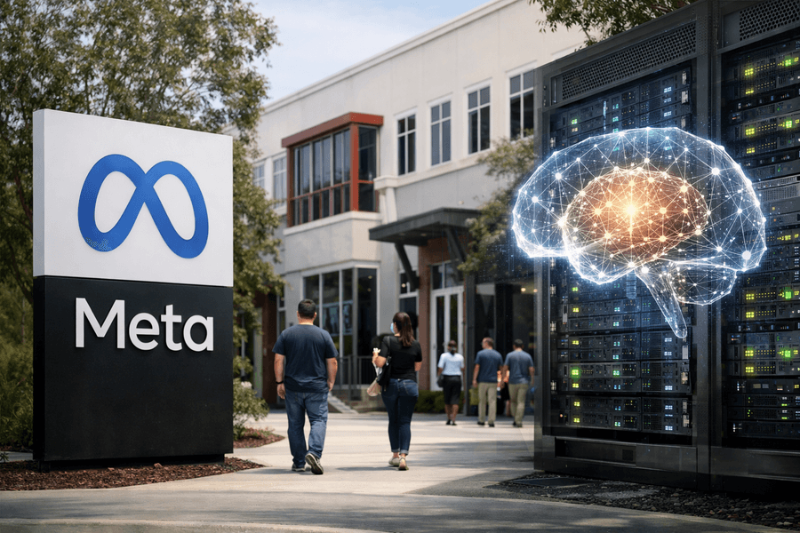 Meta employees walk past the company’s Menlo Park headquarters beside AI server infrastructure, illustrating the company’s expanding investment in artificial intelligence.