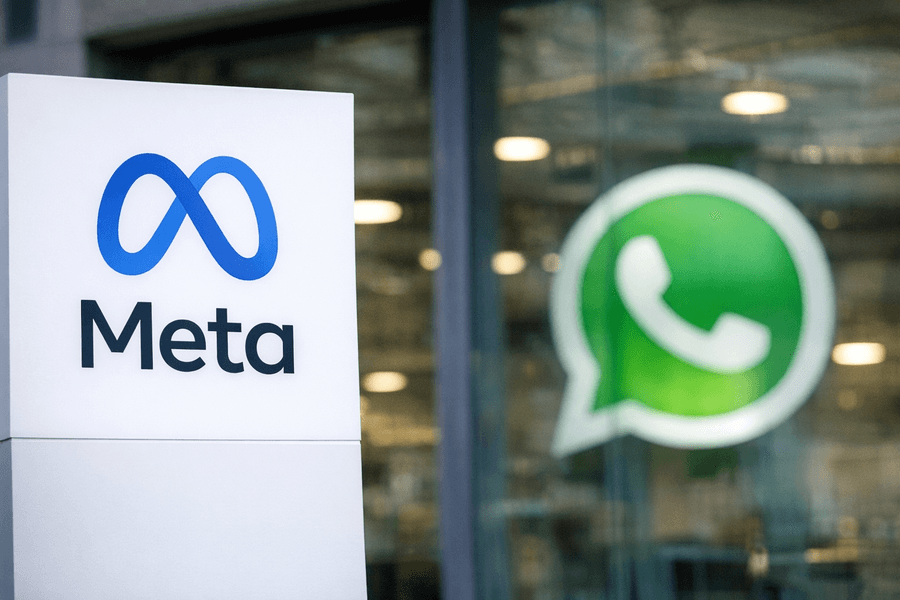 A Meta sign in the foreground with a blurred WhatsApp logo in the background, symbolizing regulatory pressure on platform access in Europe.