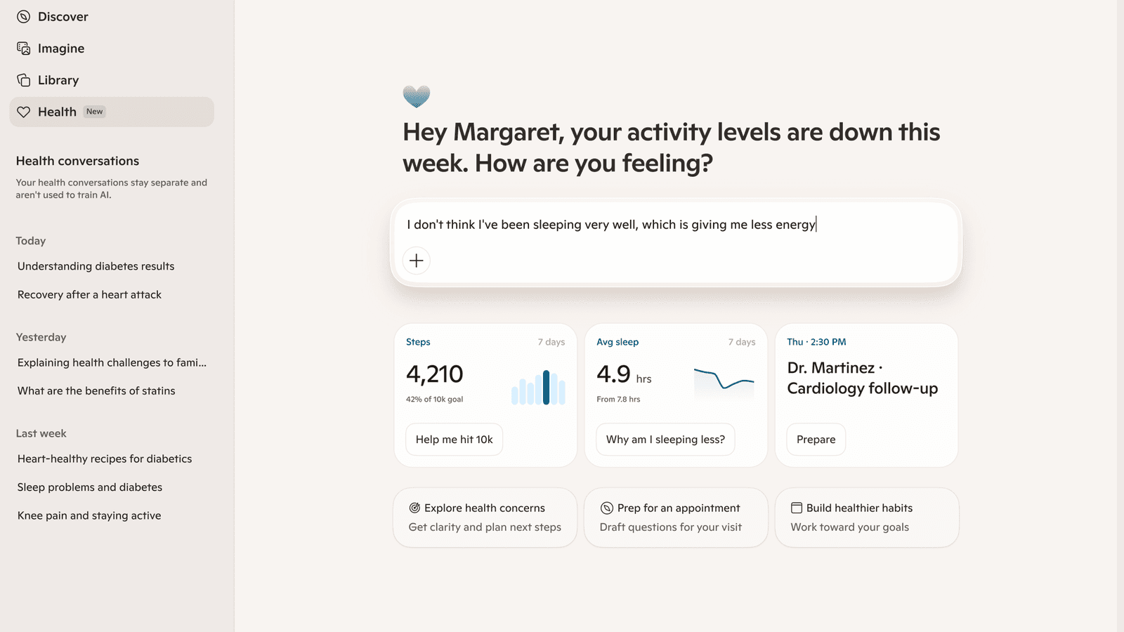 Microsoft Copilot Health dashboard showing a user health prompt, step count, sleep data and a cardiology follow-up reminder on a desktop screen.