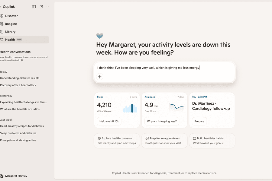 Microsoft Copilot Health dashboard showing a user health prompt, step count, sleep data and a cardiology follow-up reminder on a desktop screen.