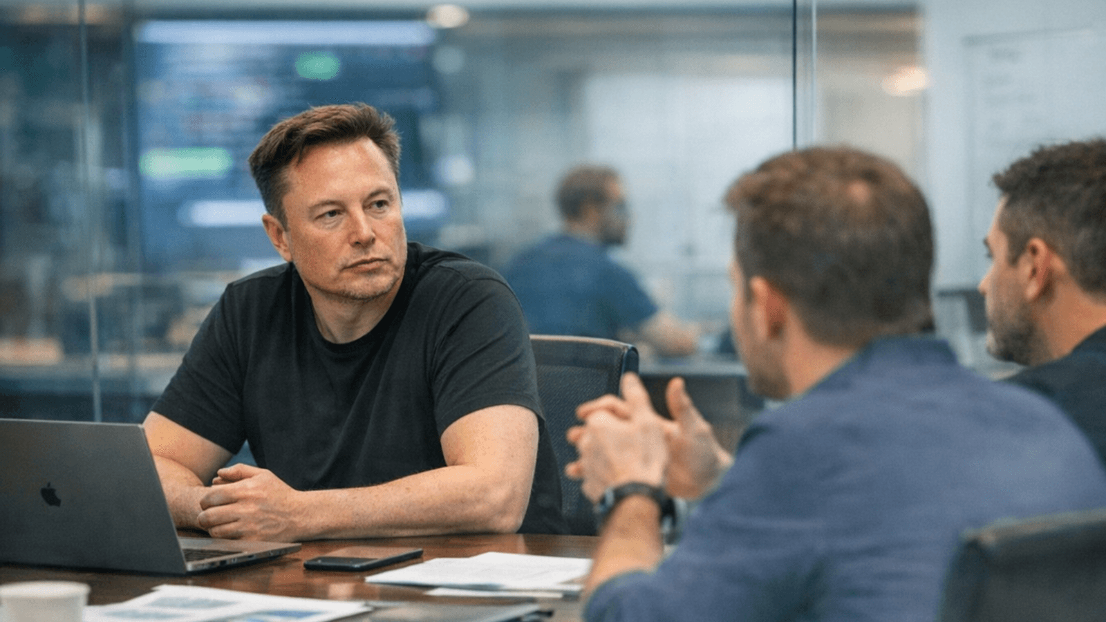 Elon Musk in a glass-walled conference room during a strategy meeting, listening as colleagues discuss xAI’s product reset.