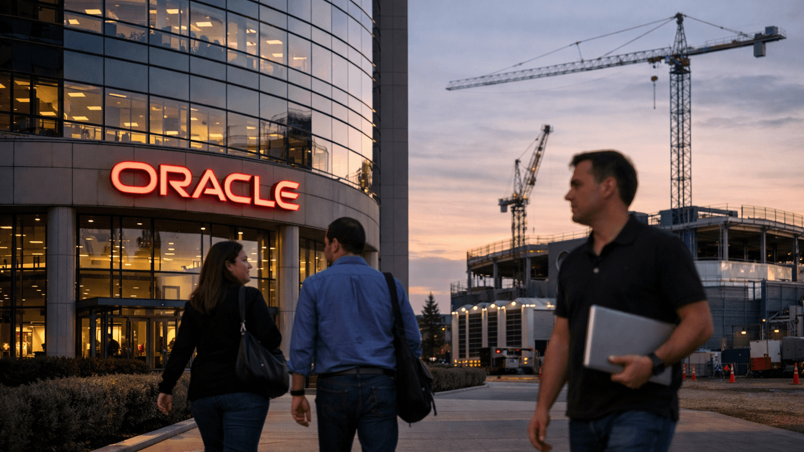 Employees walking outside an Oracle office at dusk with construction cranes and a data-centre-style buildout in the background.