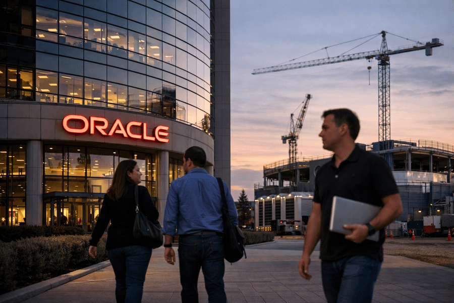 Employees walking outside an Oracle office at dusk with construction cranes and a data-centre-style buildout in the background.