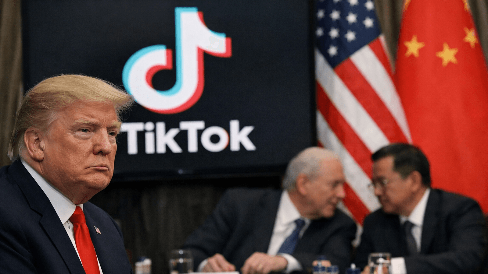Donald Trump in the foreground before a TikTok display, with U.S. and Chinese flags and officials in the background during a staged negotiation scene.