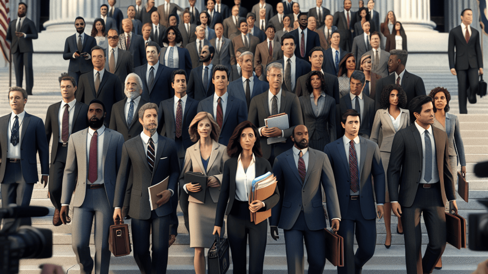 Anthropic executives and lawyers exiting a federal courthouse as reporters gather on the steps.