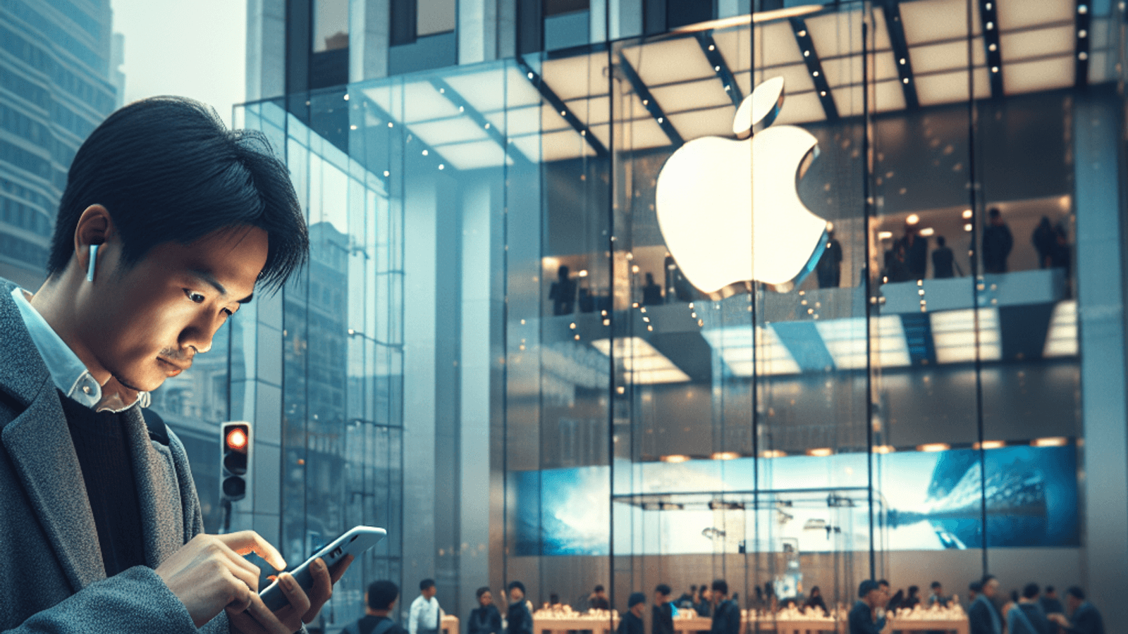Customer checking a smartphone outside an Apple Store in Shanghai.