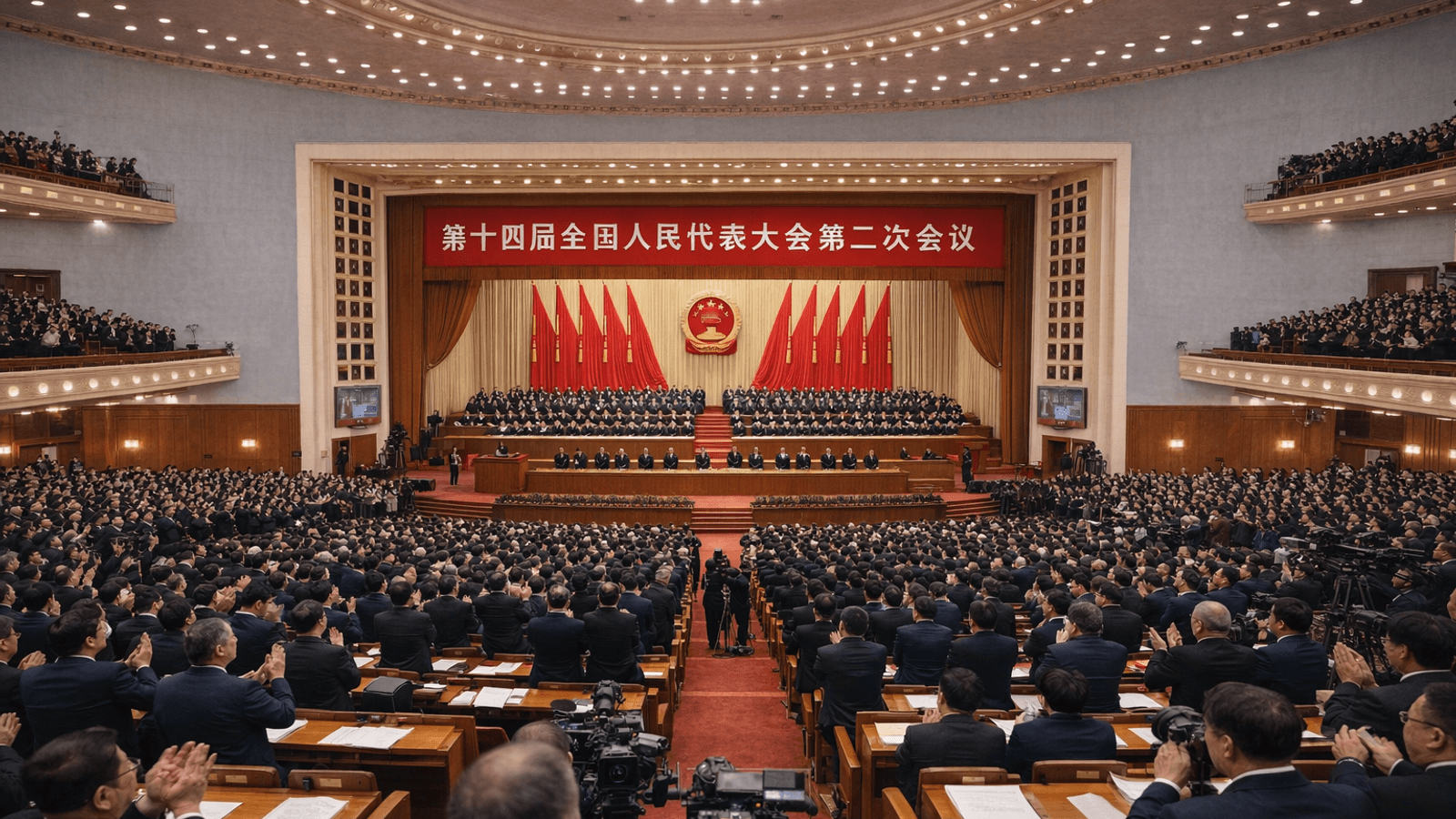 Photorealistic newsroom-style view of delegates inside Beijing’s Great Hall of the People during the approval of China’s new five-year plan.