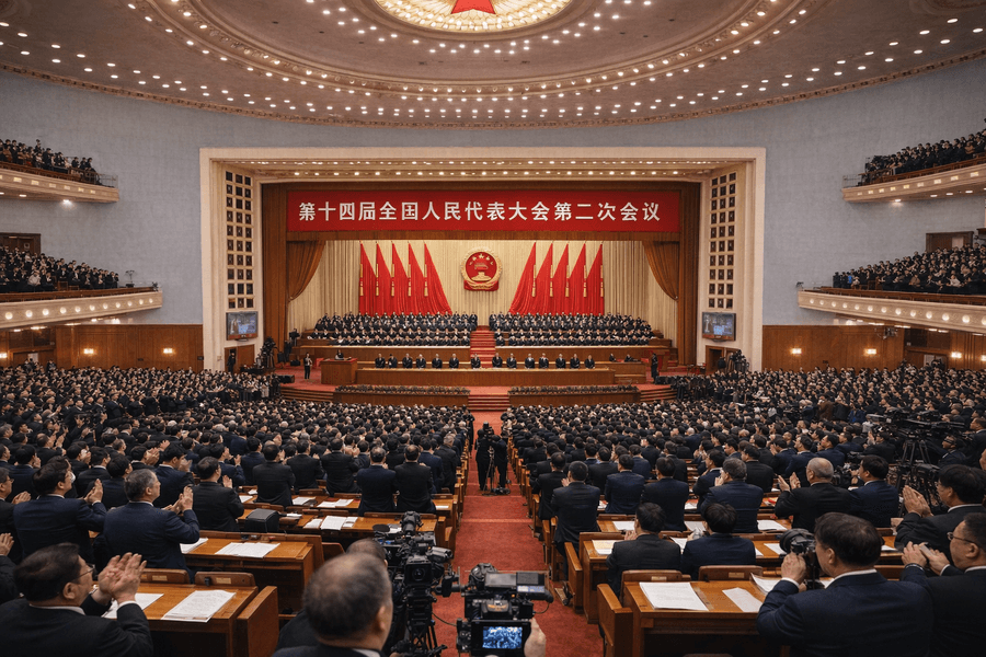 Photorealistic newsroom-style view of delegates inside Beijing’s Great Hall of the People during the approval of China’s new five-year plan.