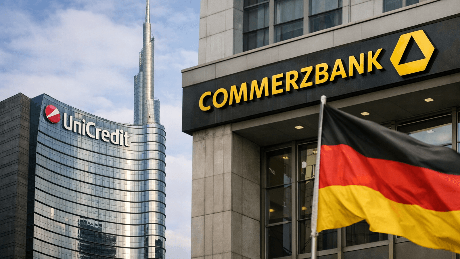 UniCredit and Commerzbank headquarters with a German flag in the foreground, illustrating UniCredit’s exchange offer to raise its stake in the German lender.