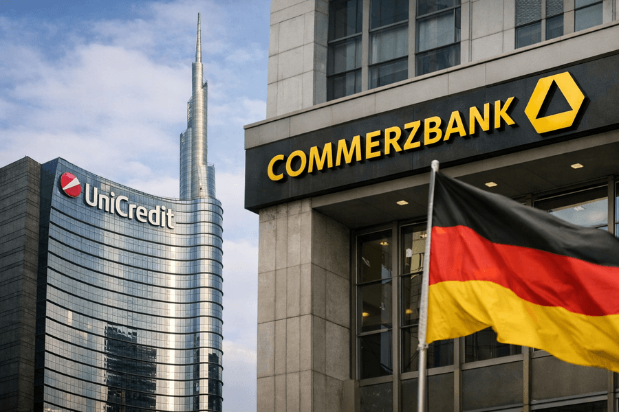 UniCredit and Commerzbank headquarters with a German flag in the foreground, illustrating UniCredit’s exchange offer to raise its stake in the German lender.