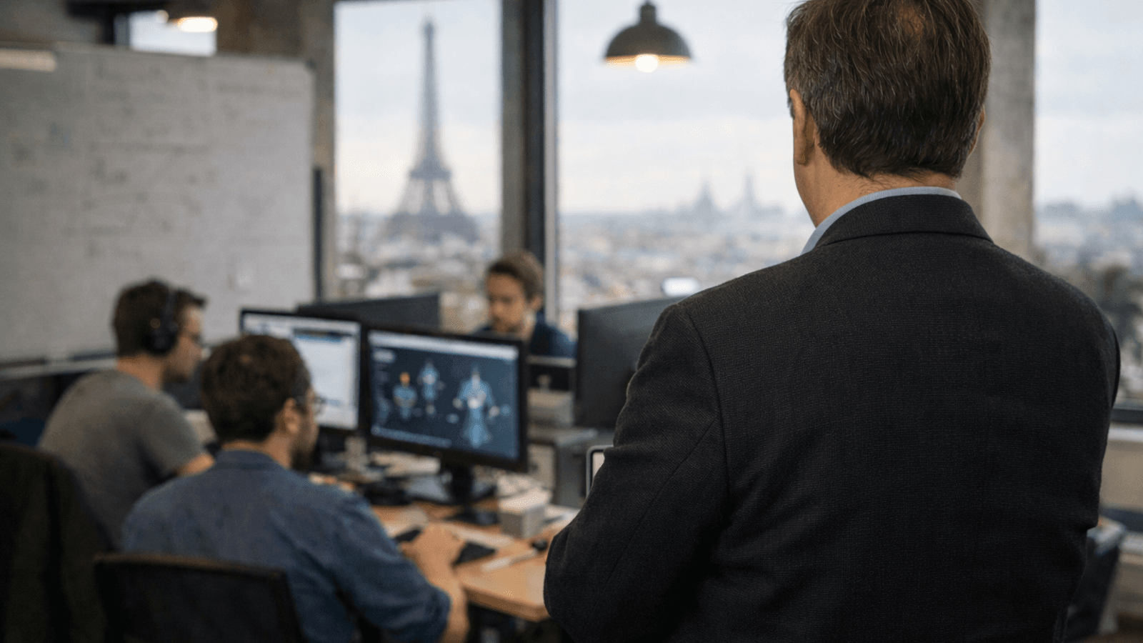 Yann LeCun standing in a modern Paris startup office while engineers work at computer stations in the background, with the Eiffel Tower visible through large windows.