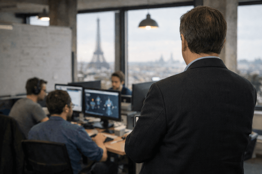 Yann LeCun standing in a modern Paris startup office while engineers work at computer stations in the background, with the Eiffel Tower visible through large windows.